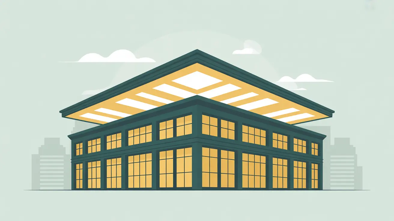 Stylized office building with glowing roof symbolizing overhead costs