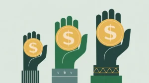 Three stylized hands holding coins of increasing size representing donor levels