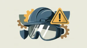 collage of hard hat safety goggles hazard warning triangle with gear and shield icons