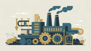 Factory with smokestacks and conveyor belts producing machinery parts