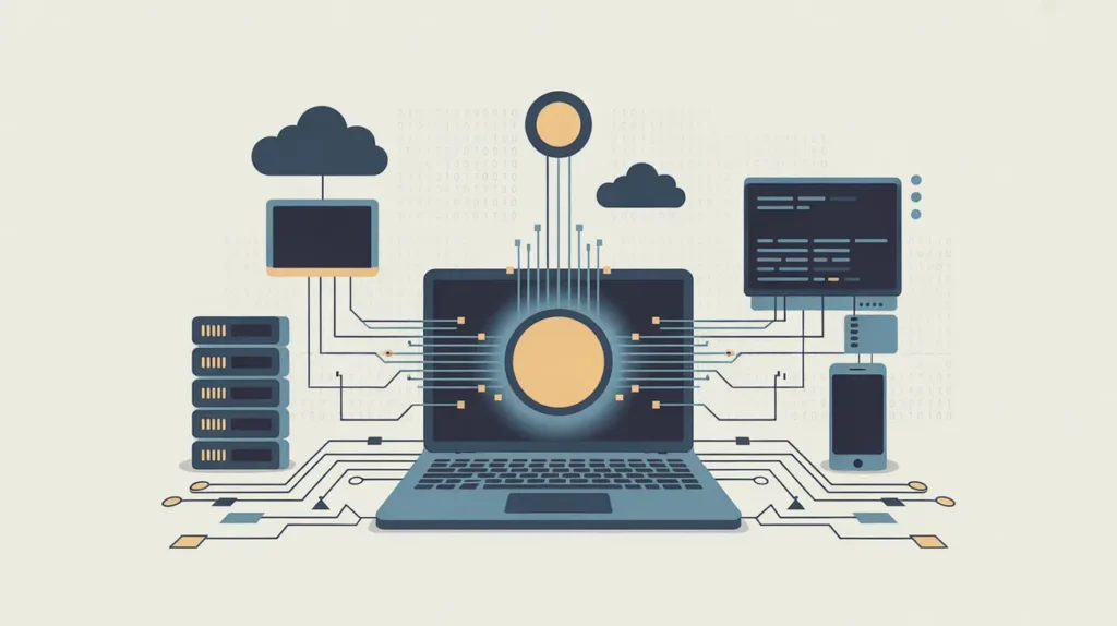 Glowing laptop connected to servers cloud and smartphone with binary code background