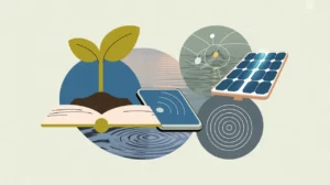 Illustration of lightbulb, gears, digital circuit, rocket, and upward arrows