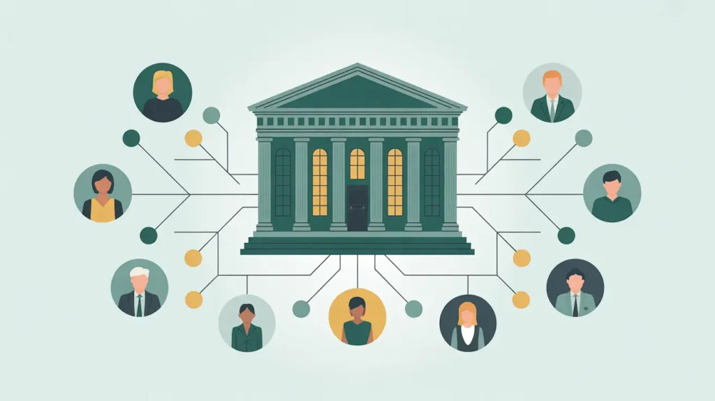 Illustration of neoclassical building connected to donor icons representing institutional donors