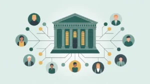 Illustration of neoclassical building connected to donor icons representing institutional donors