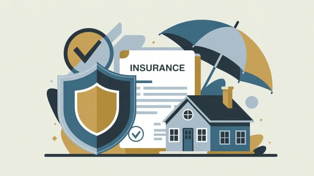 Shield, contract, and house under protection with umbrella and checkmark icons