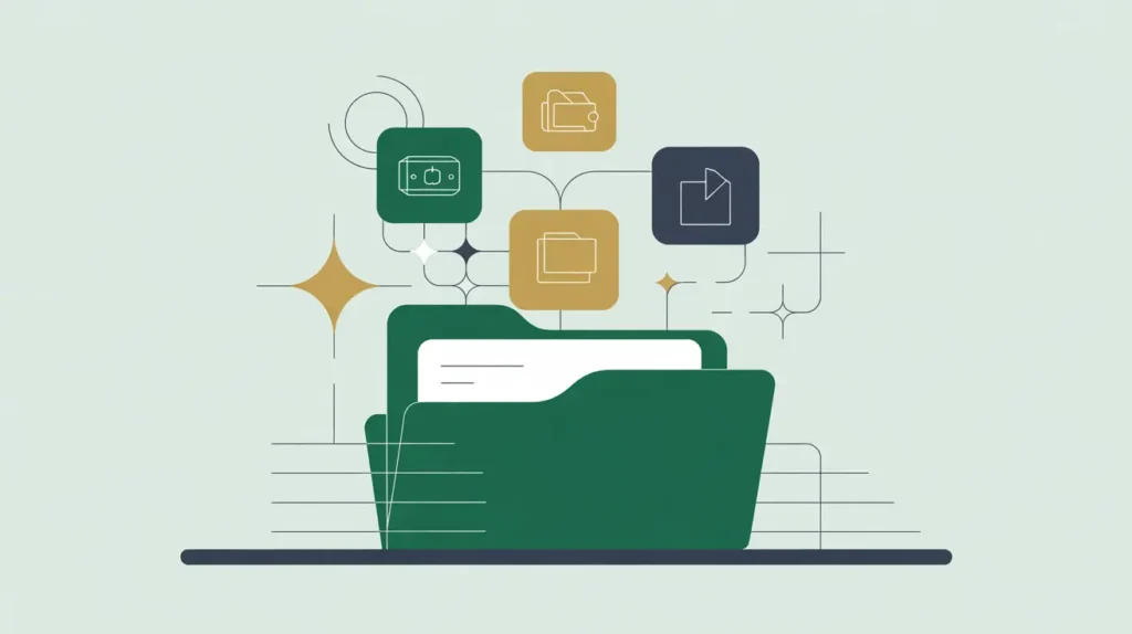 Floating glowing icons of patent, brand logo, and software above desk folder