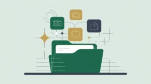 Floating glowing icons of patent, brand logo, and software above desk folder