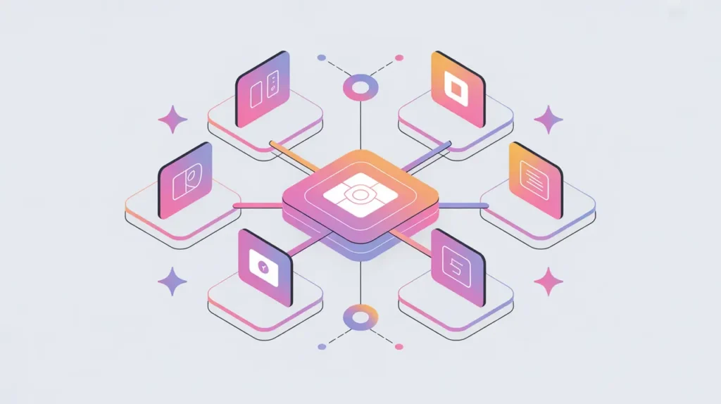 Central middleware block connecting multiple software icons with pink and white colors