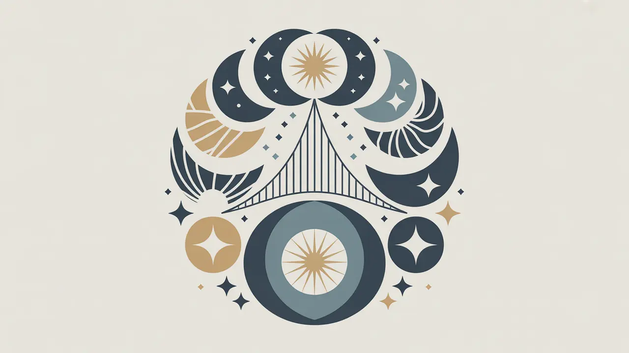 Abstract symbols of major religions connected by a glowing bridge