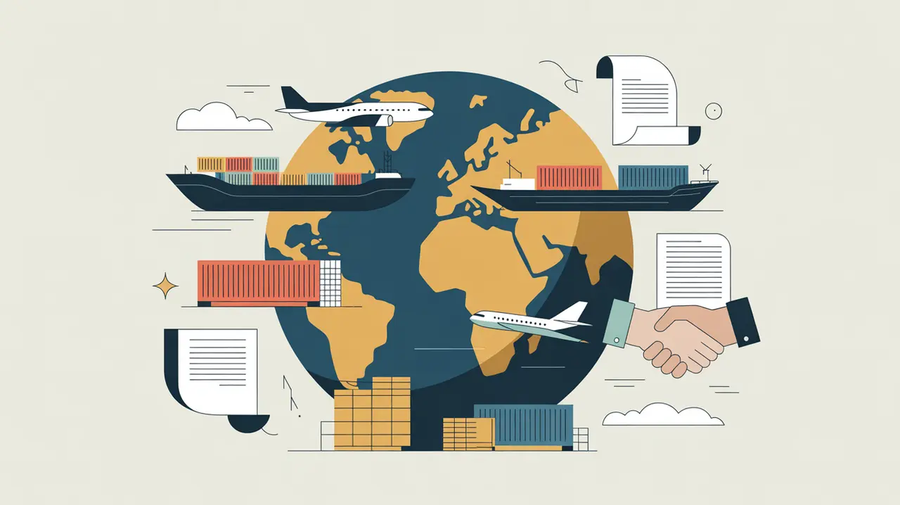 Illustration of global trade with cargo ships airplanes and handshake icons