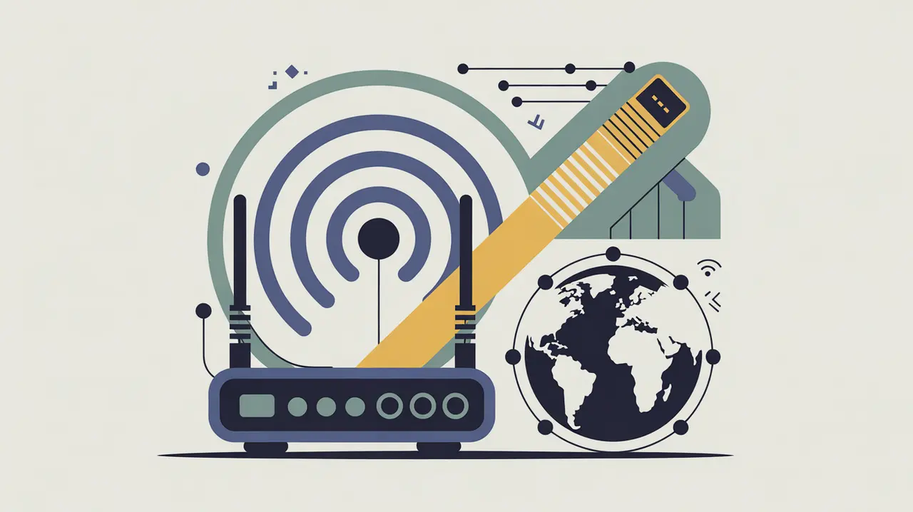 Illustration of Wi-Fi router fiber optic cable globe with connected nodes