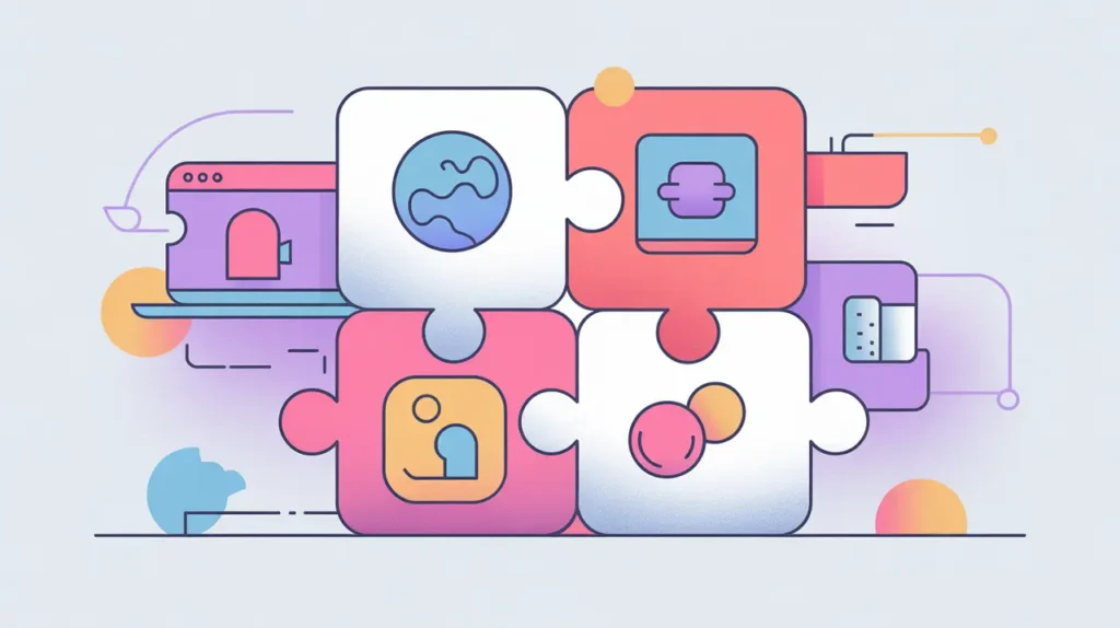 Software icons connected by puzzle pieces symbolizing interoperability
