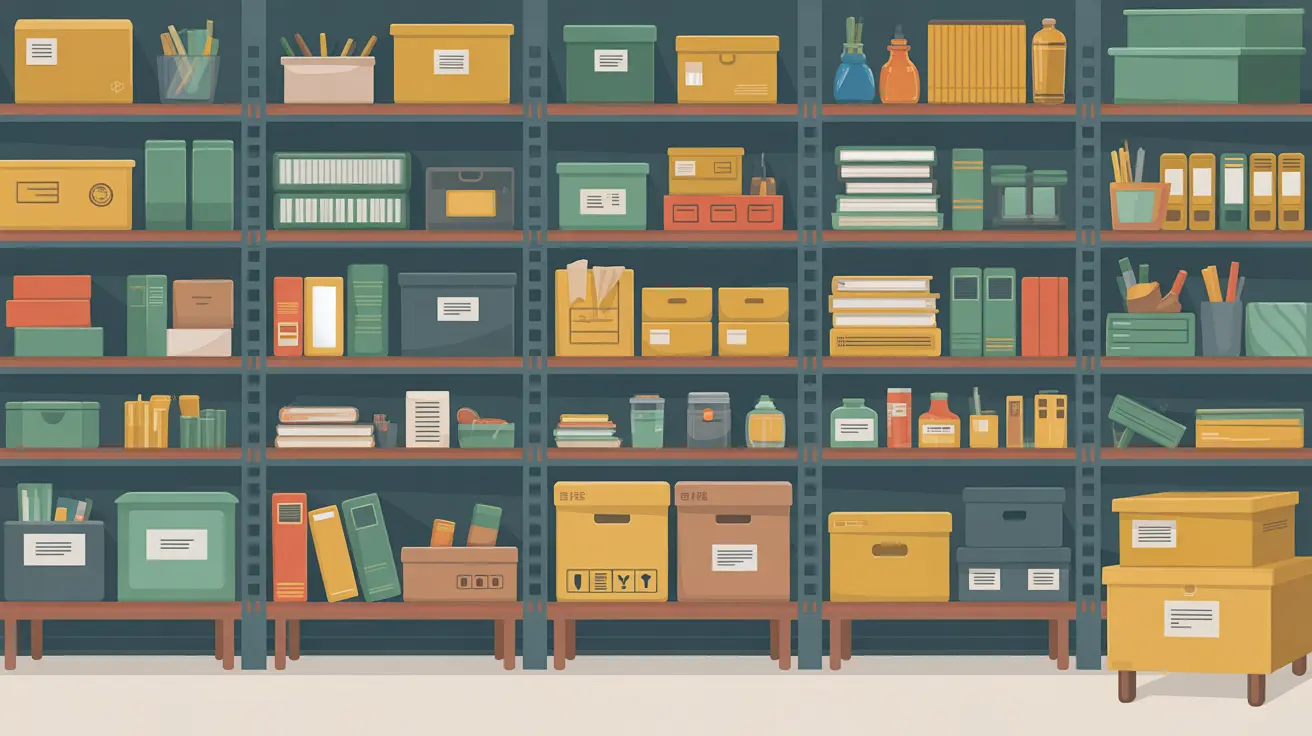 Warehouse shelves filled with labeled boxes books and supplies