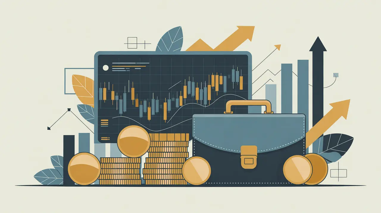 Illustration of stock charts, stacked coins, and portfolio briefcase with growth icons