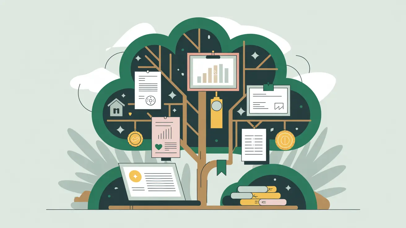 Stylized tree with certificates charts and property icons representing investments