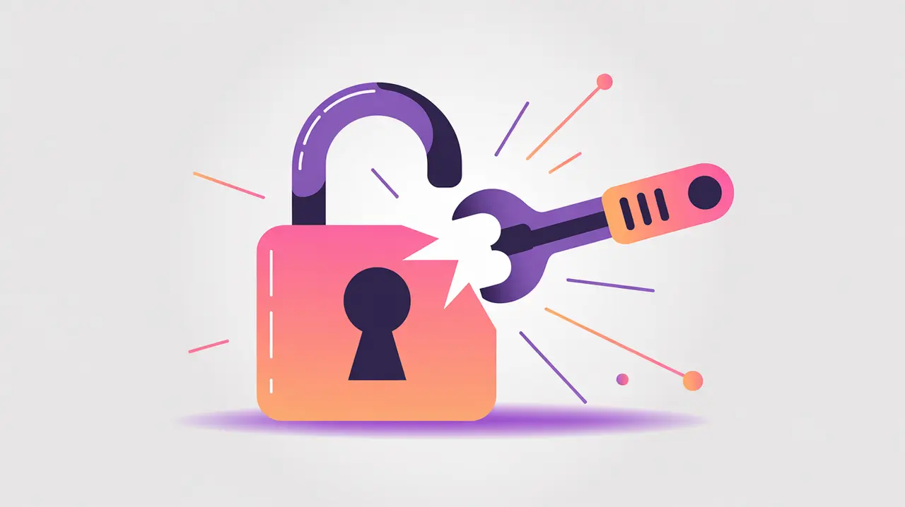 Padlock broken open by hacking tool icon with pink and neon purple accents