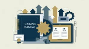 Illustration of training manual, digital tablet with skill modules, and gear icon with upward arrows