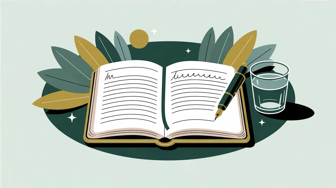 Open journal with handwritten entries pen and glass of water nearby