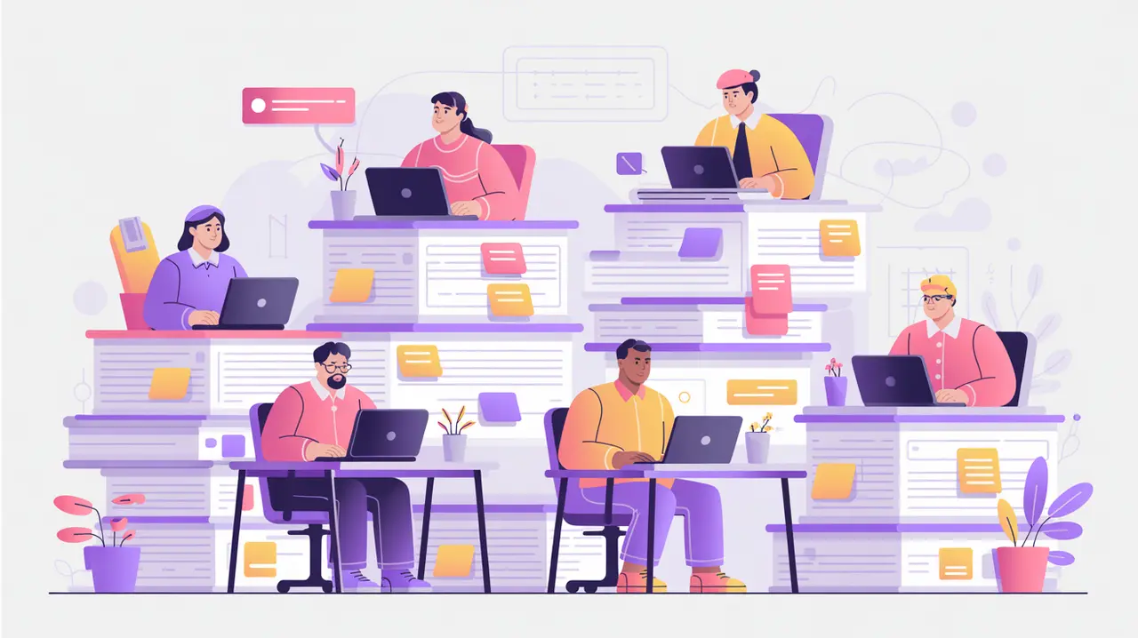 Data workers at desks with annotation tasks in flat vector style