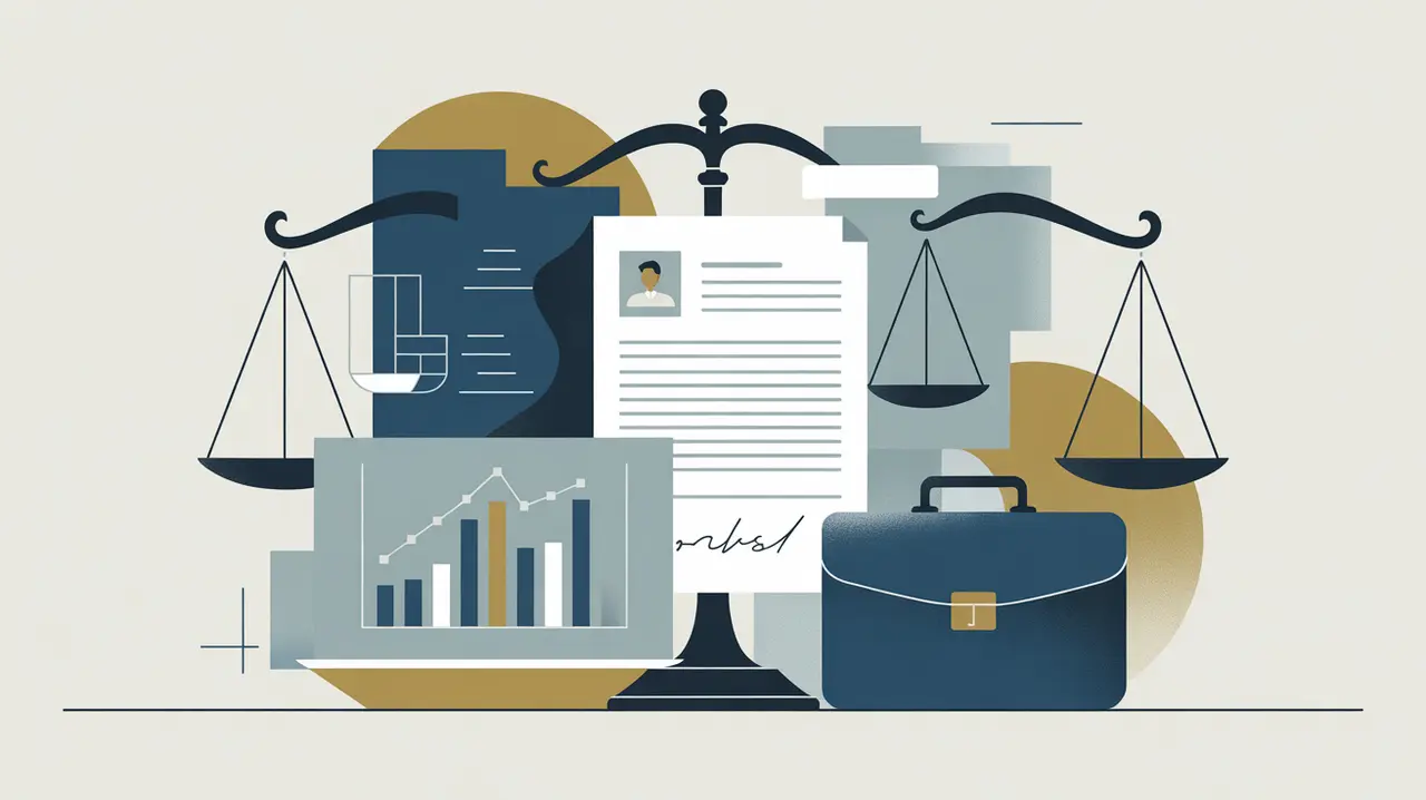 Illustration of labor market policies with government documents and justice scales