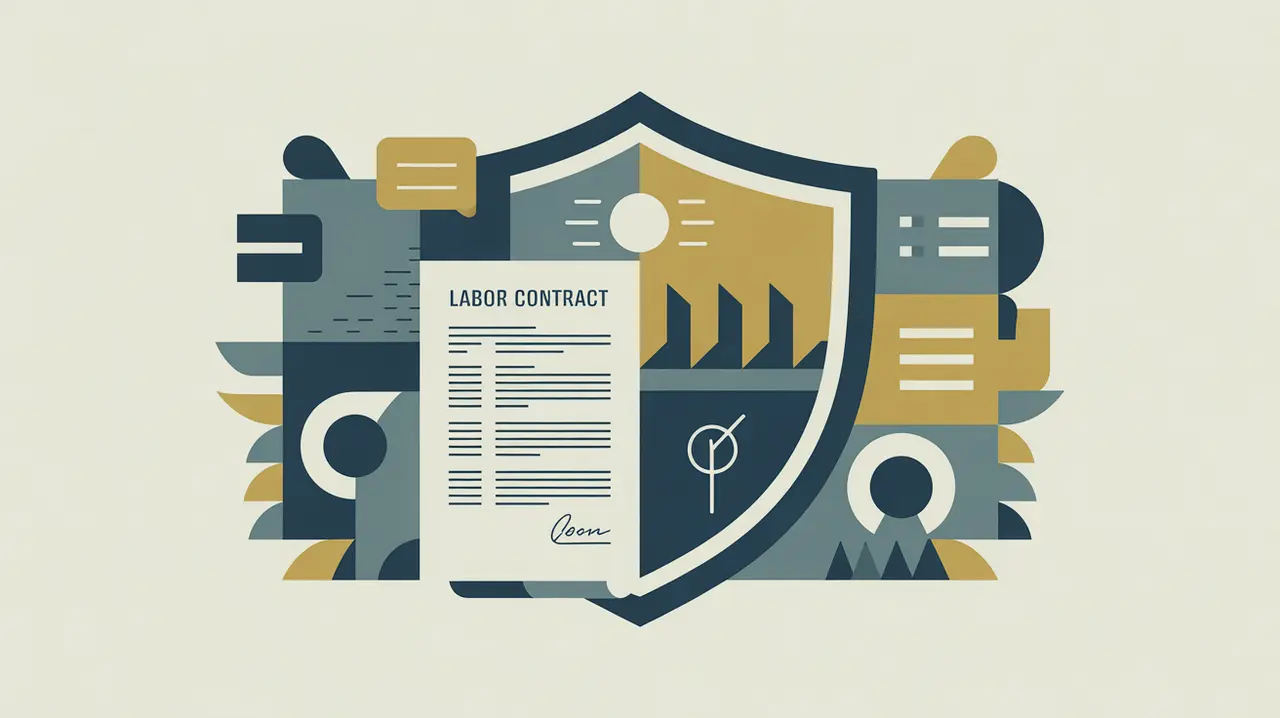 Illustration of balanced scales, labor contract, and factory with equality icons