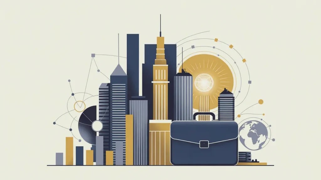 Illustration of skyscrapers, corporate logo, briefcase, bar chart, and global network icons