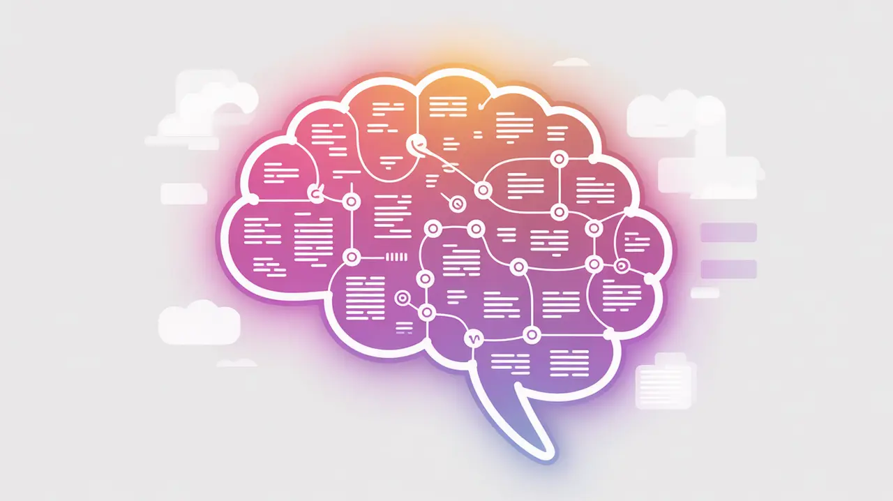 Glowing brain-shaped network with text-like symbols representing language processing