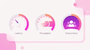 Three gauges representing latency throughput and concurrency with pink and neon purple accents