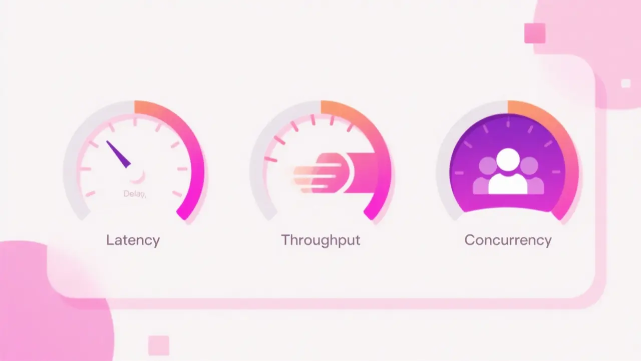 Three gauges representing latency throughput and concurrency with pink and neon purple accents