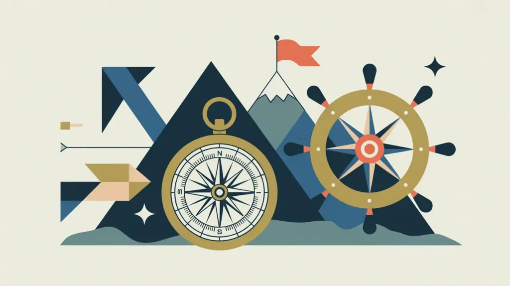 Compass flag on peak glowing lightbulb abstract arrows stars