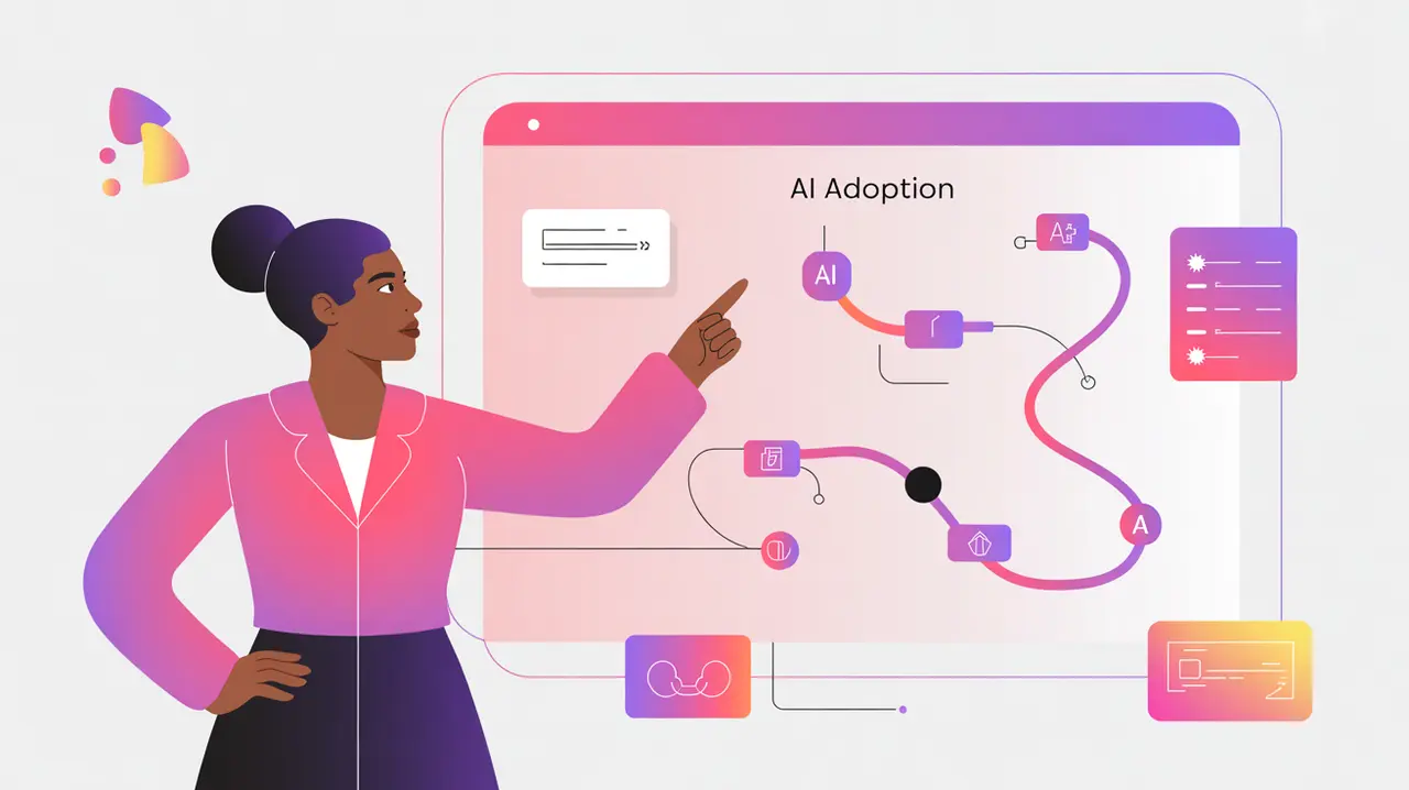 Leader pointing to AI adoption roadmap on screen with geometric accents