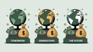 Three statues labeled tomorrow generations the future with bags of cash