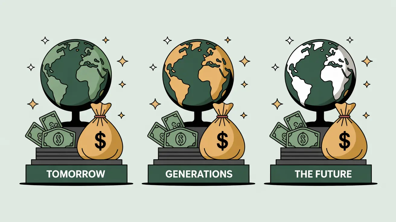 Three statues labeled tomorrow generations the future with bags of cash