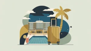 Illustration of hotel, swimming pool, suitcase with palm tree and cocktail icons