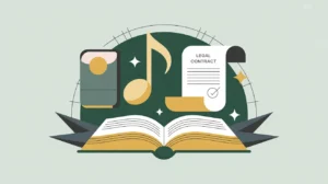 Music note book and glowing legal contract symbolizing licensing and royalties