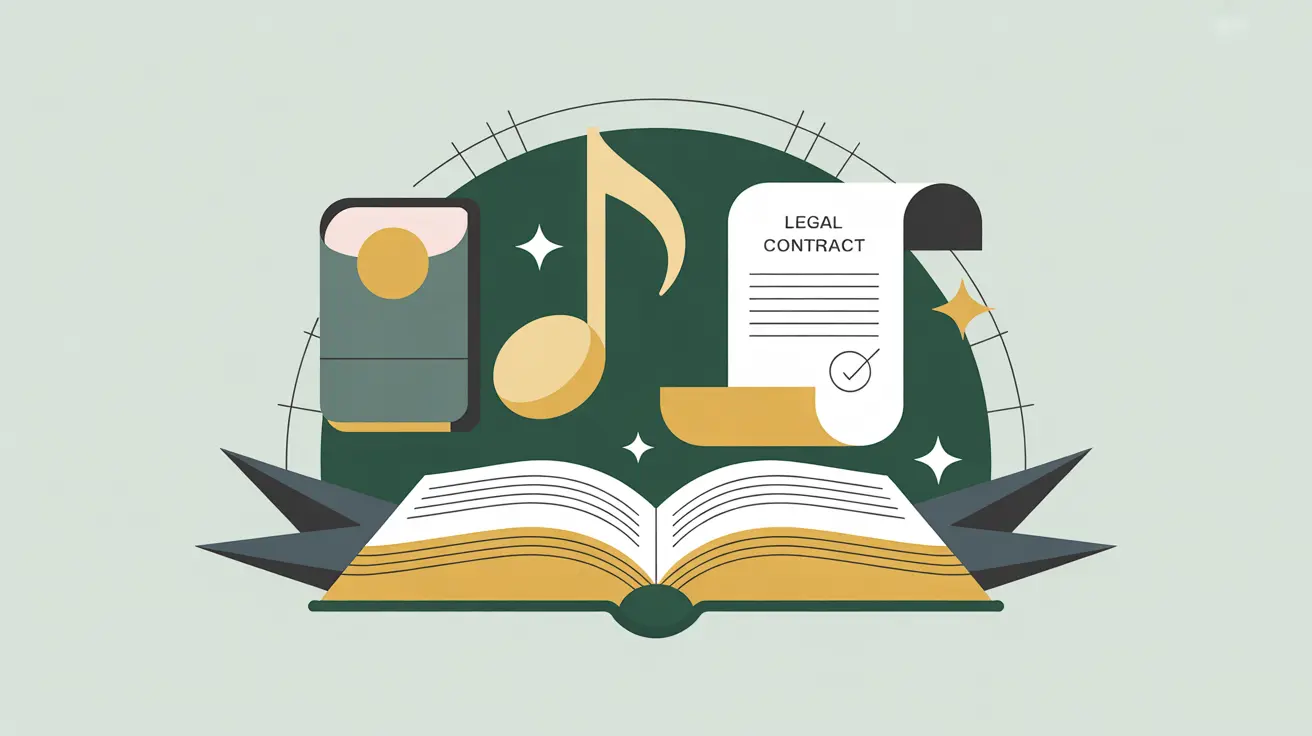 Music note book and glowing legal contract symbolizing licensing and royalties