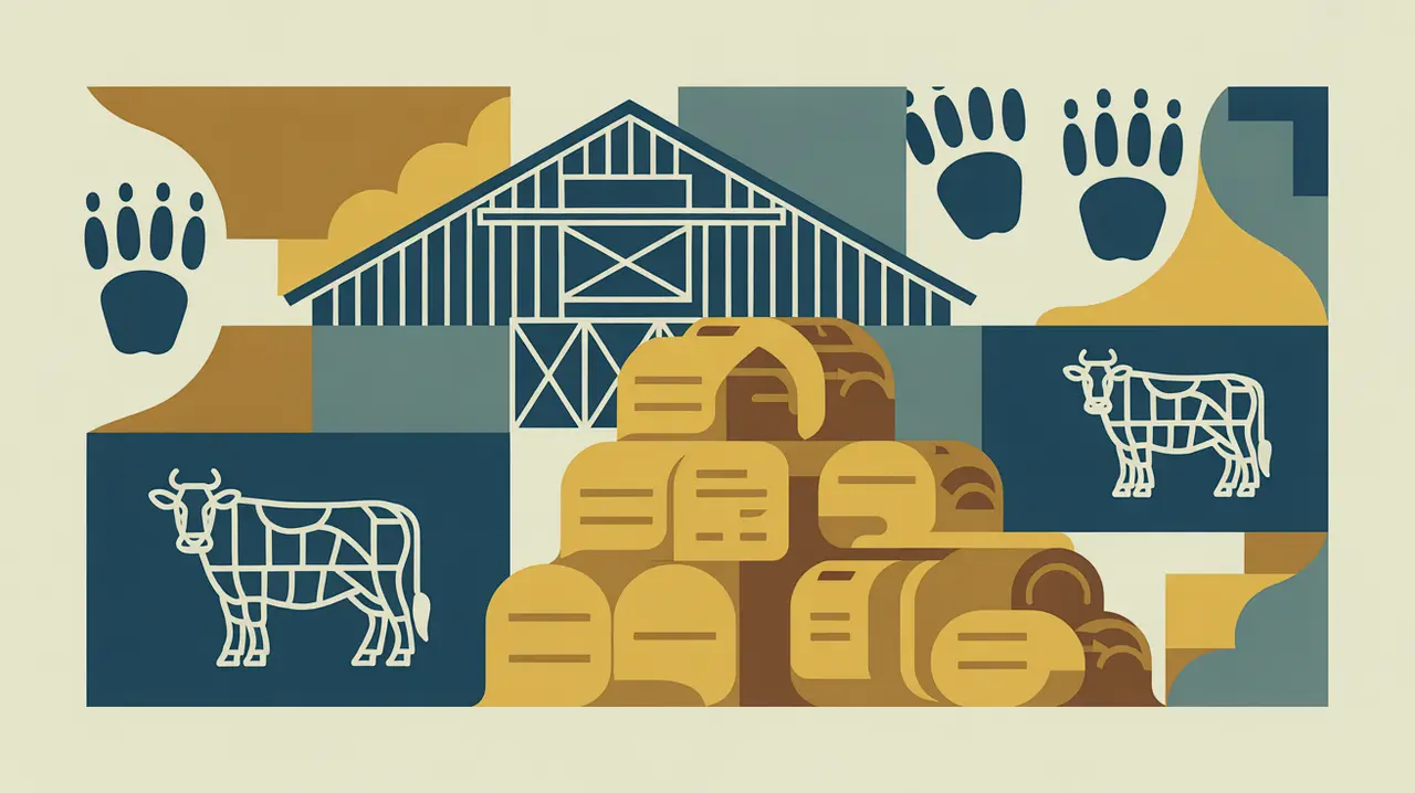 Modern geometric illustration of barn, feed sacks, and livestock icons