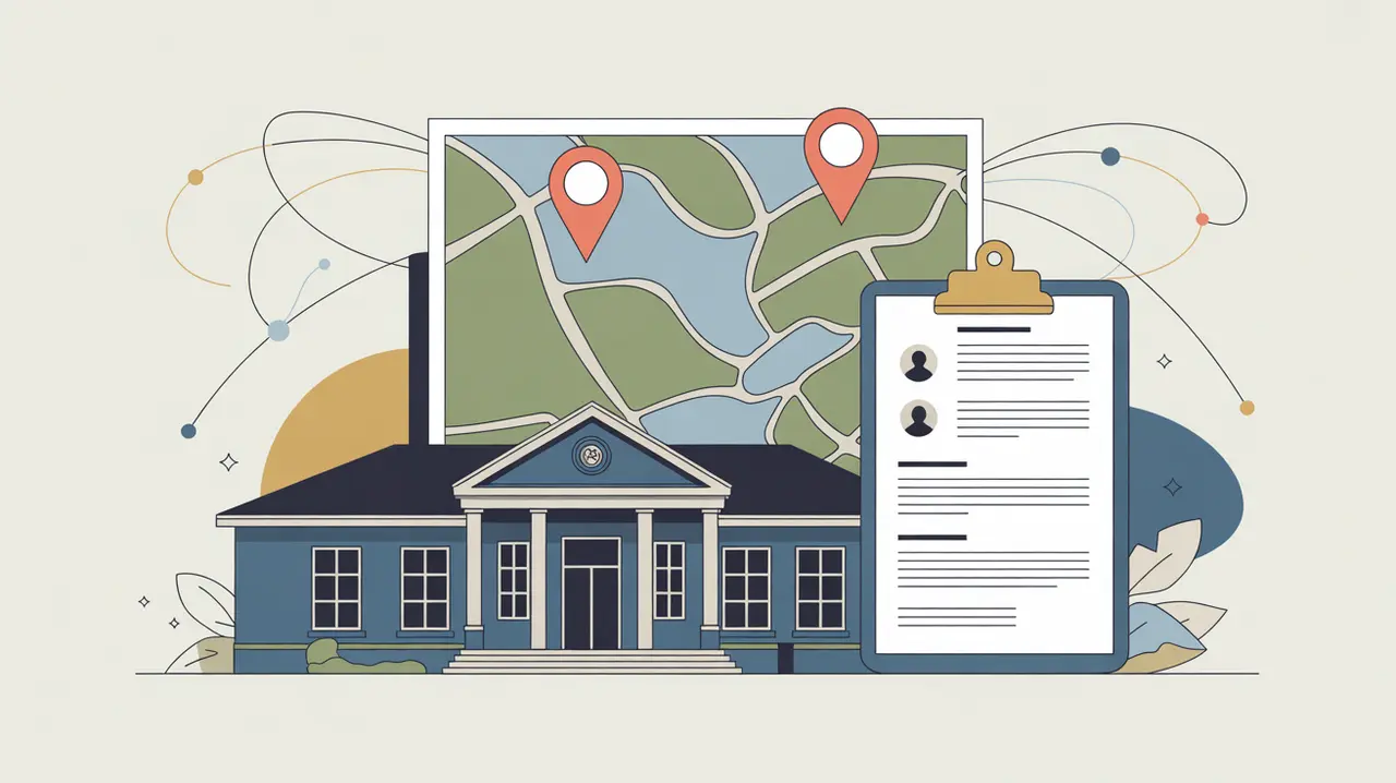 Illustration of municipal building, map with pins, and policy clipboard with civic connection lines