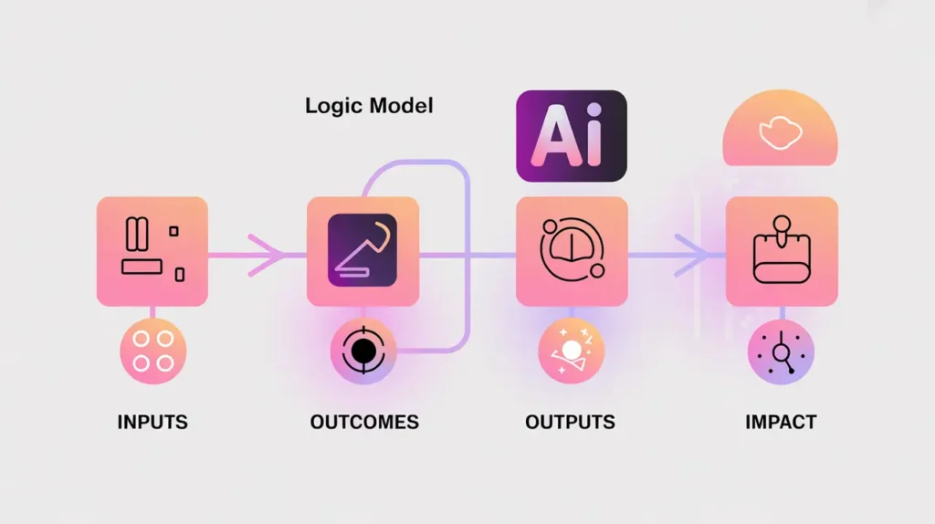 AI logic model flow diagram with inputs outputs outcomes impact