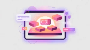 Drag-and-drop blocks arranged on glowing screen representing low code no code platforms