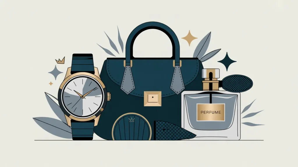 Illustration of luxury watch designer handbag and perfume bottle with sparkle and crown icons
