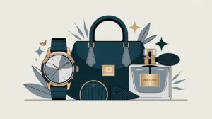 Illustration of luxury watch designer handbag and perfume bottle with sparkle and crown icons