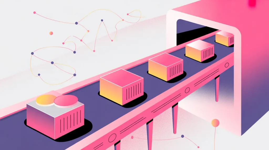 Conveyor belt transforming data blocks into organized shapes symbolizing machine learning