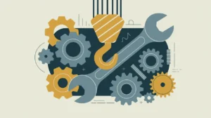 Illustration of industrial gears crane hook and mechanical wrench with geometric accents