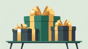 Large wrapped gift box with glowing bow on planning table