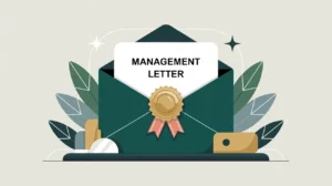 Glowing management letter with official seal on desk