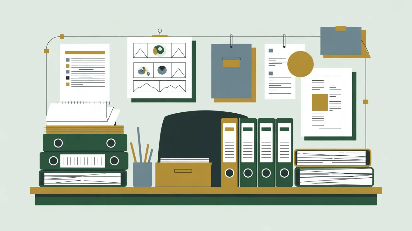 Office desk with HR binders compliance files organizational charts