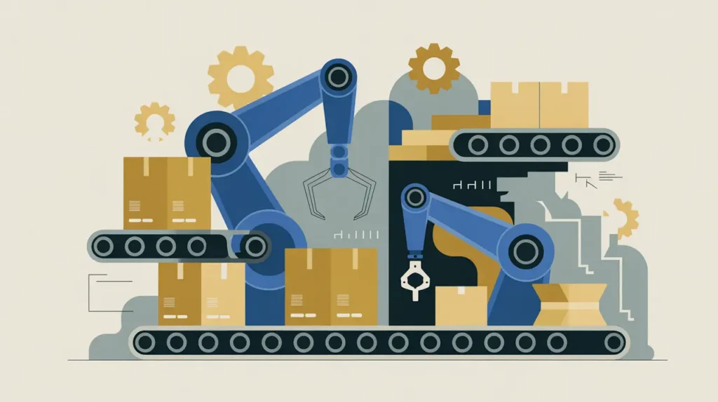 Illustration of robotic arms, conveyor belts, and packaged goods with abstract gears
