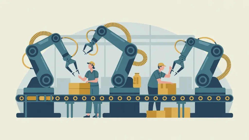 Production line with robotic arms and workers assembling goods