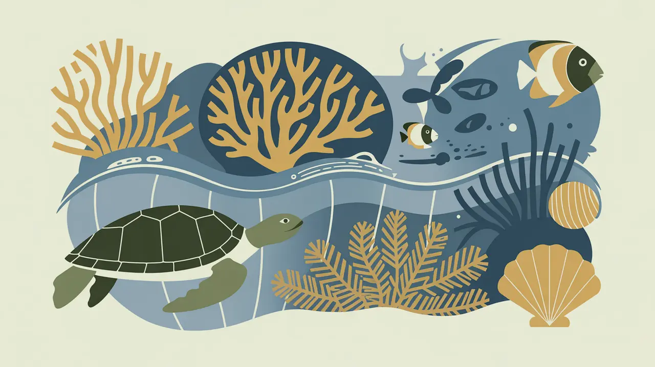 Illustration of coral reefs sea turtle and stylized ocean waves